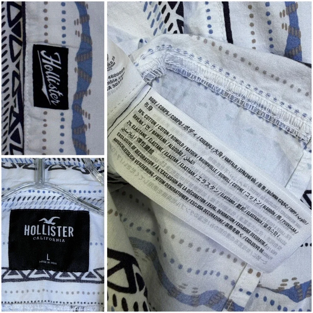 Hollister‎ Mens Short Sleeve Button Down Shirt White Blue Tribal Stripe Large